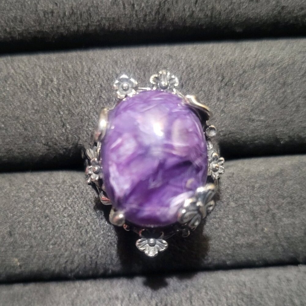Vintage Style Solid Sterling Silver Charoite Ring Size 7.5